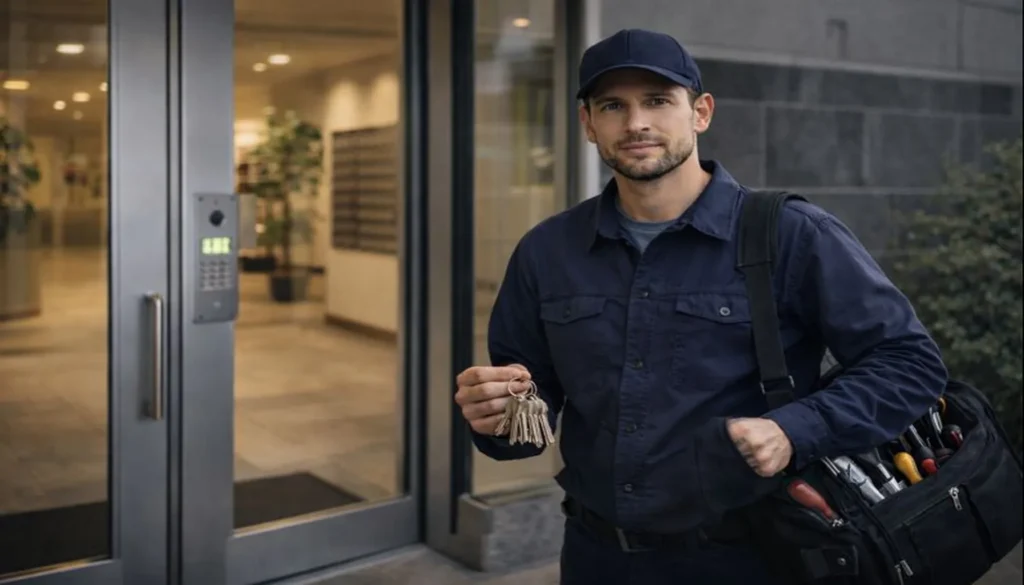 Cerrajero a domicilio 24 horas preparado para trabajar en el acceso de un edificio residencial