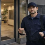 Cerrajero a domicilio 24 horas preparado para trabajar en el acceso de un edificio residencial