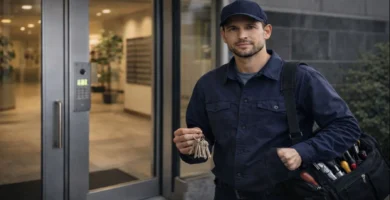Cerrajero a domicilio 24 horas preparado para trabajar en el acceso de un edificio residencial