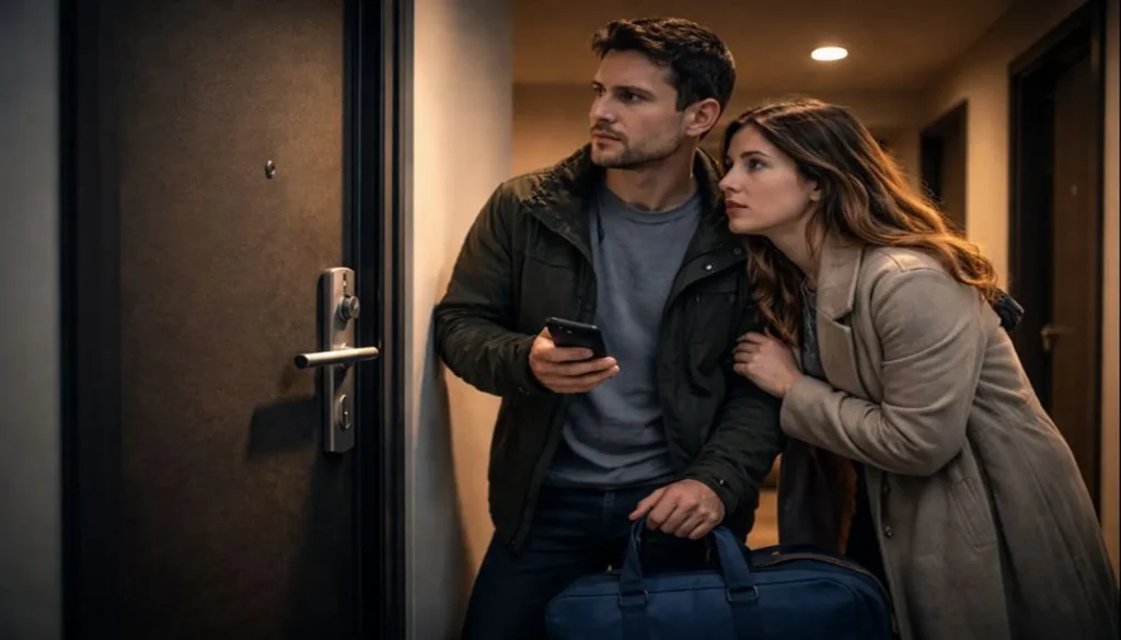Familia adulta esperando cerrajero urgente a domicilio para abrir puerta de departamento en la noche