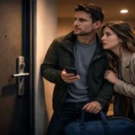 Familia adulta esperando cerrajero urgente a domicilio para abrir puerta de departamento en la noche