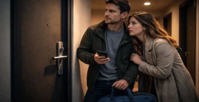 Familia adulta esperando cerrajero urgente a domicilio para abrir puerta de departamento en la noche