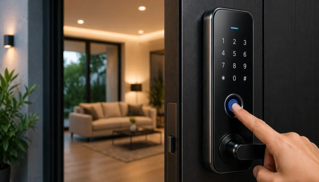 cerradura digital con huella digital instalada en puerta moderna de casa